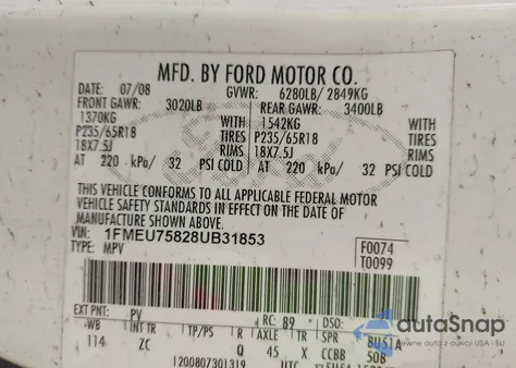 2008 Ford Explorer Limited z USA, uszkodzony, nr VIN 1FMEU75828UB31853